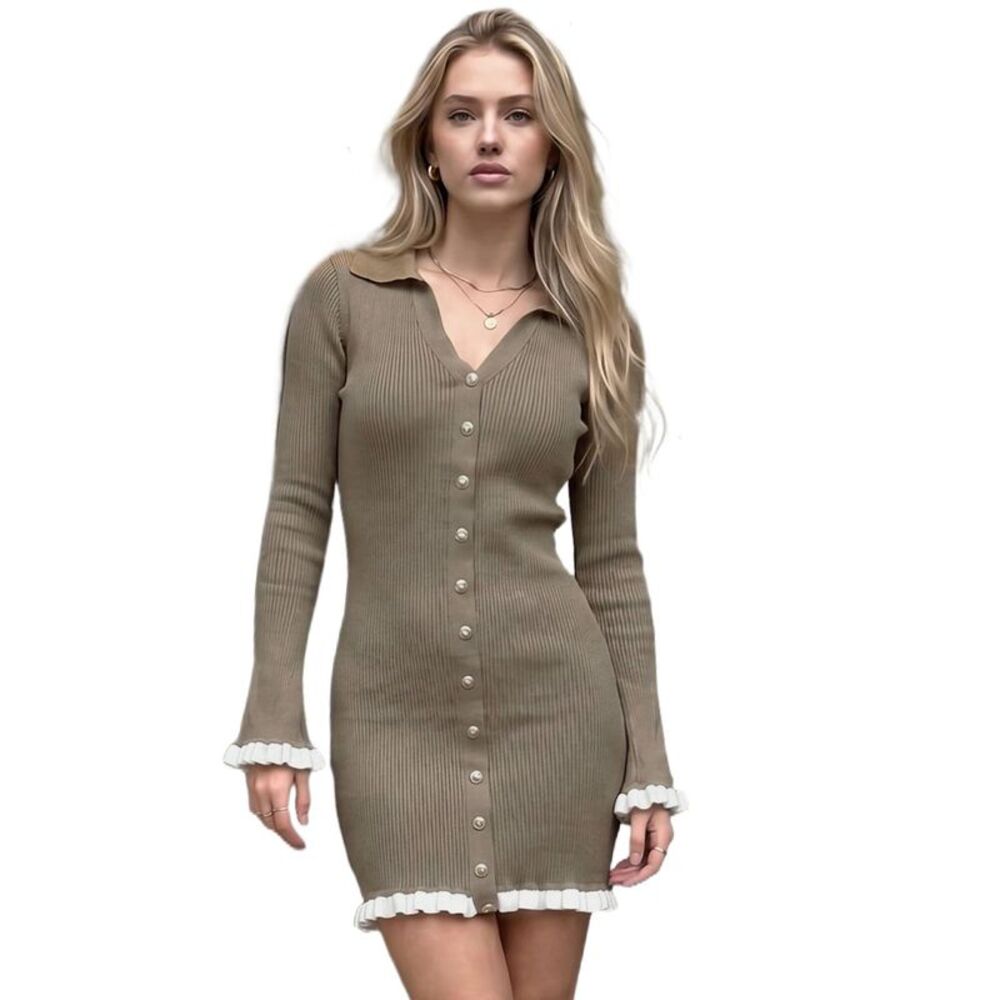 Women's Button Down V Neck Ruffle Trim Long Sleeve Knit Mini Dress Khaki